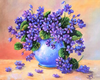 Peinture à l'huile de fleurs violettes, cadeau fête des mères, fleurs de printemps, bouquet bleu, peinture, cadeau unique pour maman, oeuvre d'art originale de fleurs dans un vase