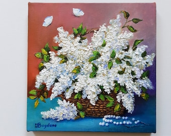 Lilas blanc peinture lilas panier nature morte aux lilas oeuvre originale à l’huile impasto technique fête des mères cadeau Wall Art petite peinture