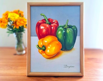 Trio de poivrons Poivrons colorés Nature morte Nourriture Art original Peinture à l'huile Poivre Art Art pour cuisine Veggie Peinture Art végétal