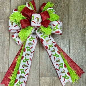 Grinch Wreath Bow, Grinch Bow, Grinch Decor, Grinch Door Hanger Bow, Grinch Christmas Door Hanger Bow, Green Monster Bow