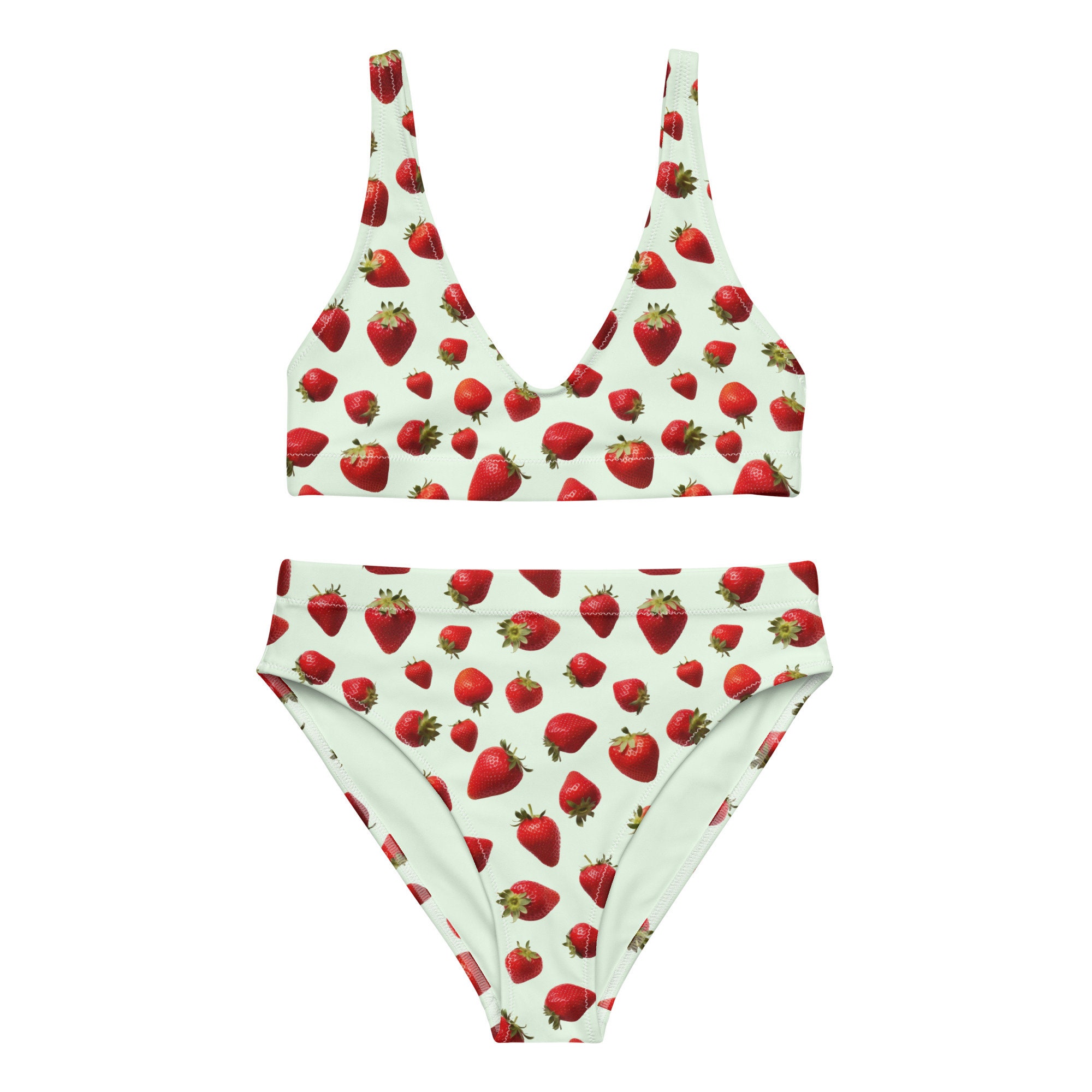 Strawberry Print High Waisted Bikini, Plus Size Swimwear