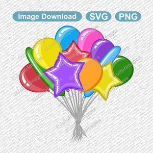 May include: A bunch of colorful balloons in various shapes, including stars, hearts, and circles. The balloons are tied together with a gray string.