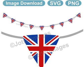 May include: A bunting string with triangular flags featuring the Union Jack flag design. The flags are red, white, and blue. A single large triangular flag with the Union Jack design is below the bunting.