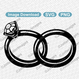 May include: A black and white illustration of two interlocking rings, one with a large diamond. The rings are a symbol of love and commitment.