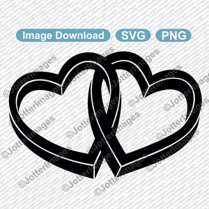 May include: Black intertwined heart design. The image features two interlocking hearts, creating a symbol of love and connection. The design is bold and graphic, suitable for various applications, including digital art, crafts, and print projects. The image also includes the text "Image Download", "SVG", and "PNG".