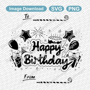Afdrukbaar bord met gelukkige verjaardag voor kaarten met cadeaus, cake, vuurwerk - afbeelding afbeeldingsbestand download SVG, png-bestand, transparante achtergrond