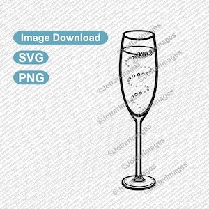 May include: A black and white line drawing of a champagne flute filled with bubbly liquid. The bubbles are depicted as small circles.