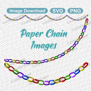 Puede incluir: Imágenes de cadenas de papel de colores. La imagen incluye el texto "Paper Chain Images" y botones para "Image Download", "SVG" y "PNG". Las cadenas son de varios colores, incluyendo rojo, verde y azul.