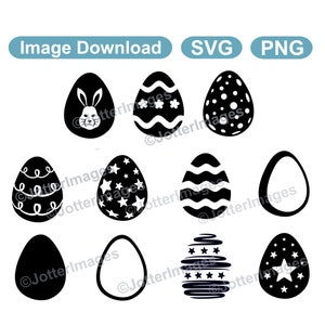 May include: Set of 10 black and white Easter egg illustrations. The eggs feature various designs including polka dots, stripes, stars, and a bunny rabbit.