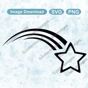 May include: A black and white illustration of a shooting star, featuring a five-pointed star at the end of a curved trail. The words "Image Download", "SVG", and "PNG" are in the upper left corner. The background is a light blue watercolour wash.