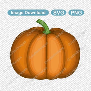 May include: A cartoon illustration of a whole orange pumpkin with a green stem. The pumpkin is a bright orange color and has a smooth, rounded shape.