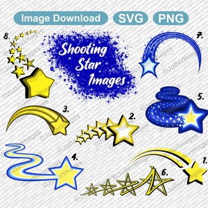May include: A set of 8 shooting star images in blue and yellow. The images are in various styles, including a trail of stars, a star with a tail, and a star with a blue and yellow swirl. The text "Shooting Star Images" is in the top centre of the image.