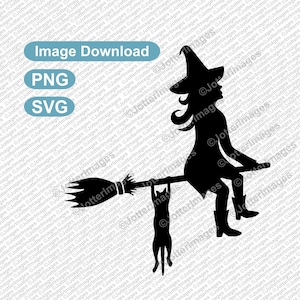 Strega che vola su una scopa con gatto penzolante Immagine contorno Immagine, Clip Art, File di taglio, SVG, PNG, Sfondo trasparente - Halloween