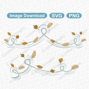 May include: Two swirling lines in light blue with brown and yellow leaves blowing in the wind. The leaves are in various shapes, including oak leaves and simple rounded leaves.