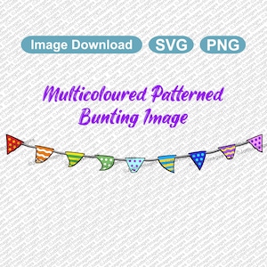May include: A string of colorful, patterned bunting flags in red, orange, yellow, green, blue, and purple. The image includes the text "Image Download SVG PNG" and "Multicoloured Patterned Bunting Image."
