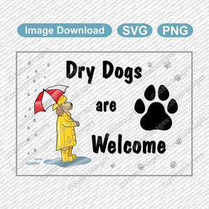 Può includere: Un cartello con la scritta "Dry Dogs are Welcome" e un cane dei cartoni animati con un impermeabile giallo e un ombrello rosso e bianco. Accanto al testo c'è un'impronta di zampa nera.