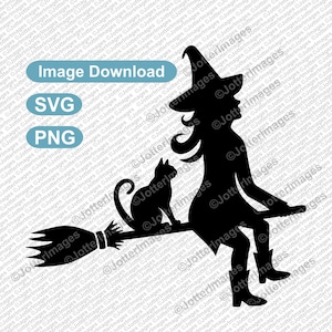 Strega e gatto che volano su un manico di scopa Immagine di contorno Immagine, Clip Art, File di taglio, SVG, PNG, Sfondo trasparente - Halloween