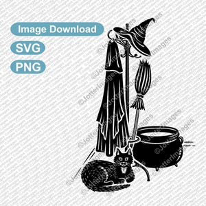 May include: Black and white silhouette illustration of a witch's hat, cloak, broom, cauldron, and cat. The witch's hat is pointed and has a wide brim. The cloak is long and flowing. The broom is tall and slender. The cauldron is round and has a handle. The cat is sitting on the ground.