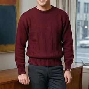 Vintage 1960s Men's Burgundy Tonal Geometric Knit Sweater – Fine Gauge Mod Pullover