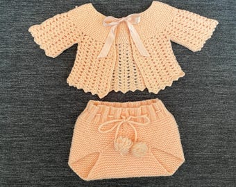 Vintage 1960s Peachy Pink Knit Baby Set - Crocheted Jacket and Knitted Bloomers