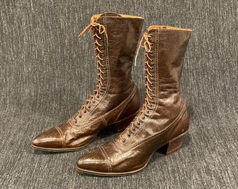 Antique Edwardian Lace-Up Boots - c. 1910s Titanic Era - Goodyear Wingfoot Heels