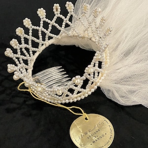 Vintage 1960s Wedding Veil with Crown Tiara - Pearl Bridal Headpiece with Double Layer Veil - Retro Mid Century Bridal Veil & Tiara