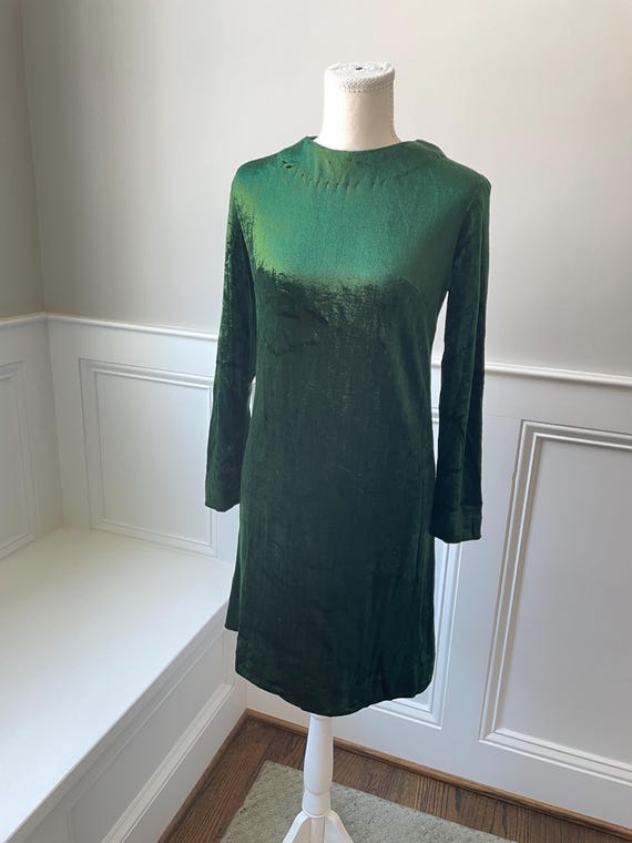 Vintage 60s/70s Emerald Green Stretch Velvet Mod Mini Dress, Handmade