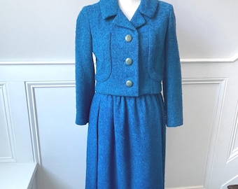 Vintage 1950s Peacock Blue Wool Bouclé Skirt Suit