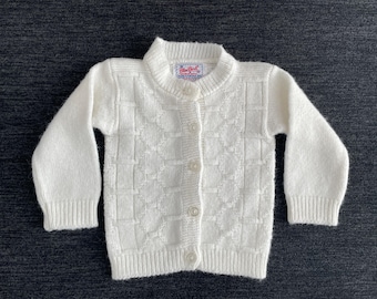Vintage 1960s White Knit Baby Cardigan - Blue Bird Orlon Acrylic Knit Sweater
