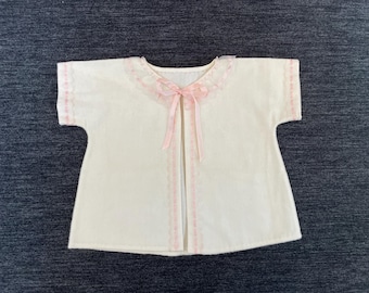 Vintage 1950s Baby Sacque - Pink Ribbon & Mesh Ruffle Infant Bedjacket