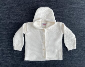 Vintage 1960s White Hooded Baby Cardigan - Blue Bird Orlon Acrylic Knit Sweater