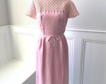 Vintage 1960s pink silk shantung and venetian lace sheath dress