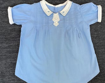 Vintage 1940s Blue Cotton Bobby Suit - Hand Embroidered Infant Romper