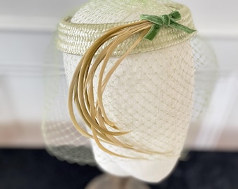 Vintage 1950s Pistachio Green Straw Whimsy Hat - Birdcage Veil & Ostrich Feathers