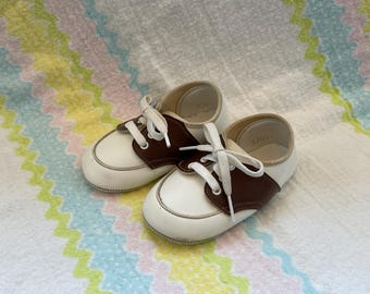 Vintage Leather Baby Saddle Shoes - Classic Brown & White Infant Oxfords