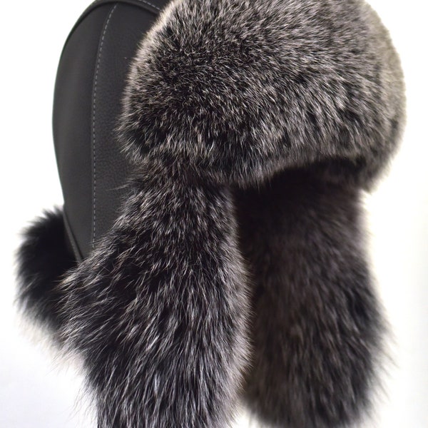 Chapeau de fourrure chaud Aviator Trapper moderne, vraie fourrure de renard et cuir, Pelzmütze, Fell, Ushanka, Schapka, taille de tête 59-61cm (23-24inch)