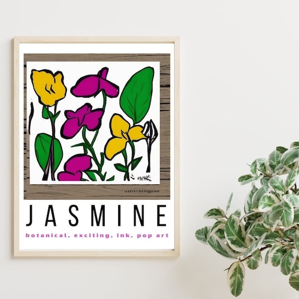 Yellow and Pink Jasmine Flowers trompe l'oeil wood Pop Art POSTER PRINT | White Border | Digital Download Wall Art | Printable in 20+ sizes