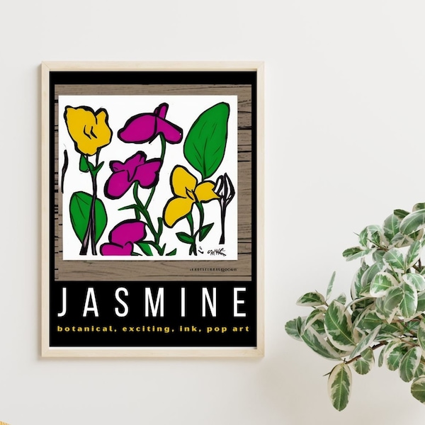 Yellow and Pink Jasmine Flowers trompe l'oeil wood Pop Art POSTER PRINT | Black Border | Digital Download Wall Art | Printable in 20+ sizes