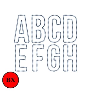 May include: A white background displays the letters A, B, C, D, E, F, G, and H. Each letter is outlined with small, dark blue dots. A red circle with the letters "BX" in white is in the lower left corner.