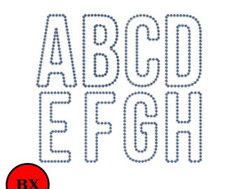 May include: A white background displays the letters A, B, C, D, E, F, G, and H. Each letter is outlined with small, dark blue dots. A red circle with the letters "BX" in white is in the lower left corner.