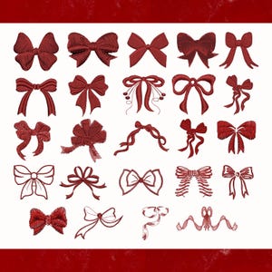 May include: A collection of red embroidered bow designs in various styles. The bows are displayed on a white background with a red border. The designs include classic, ornate, and whimsical bow shapes, perfect for crafting or embellishment.