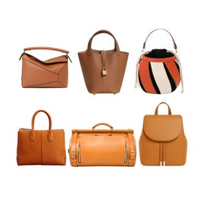 May include: A collection of six leather handbags in various styles and shades of brown. The bags include a tote, a bucket bag, a satchel, a backpack, and a structured shoulder bag. Each bag has a unique design and hardware.