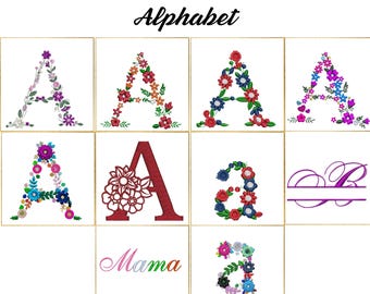 May include: A set of machine embroidery alphabet designs. The letters are adorned with floral patterns in various colours, including red, blue, purple, and pink. The word "Mama" is also included in the design.