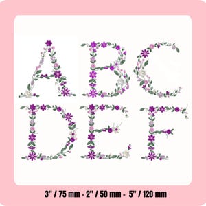 Desenho de bordado à máquina com alfabeto floral 3''/75, alfabeto de flores em letras maiúsculas, bordado com fonte floral, 3 tamanhos, alfabeto bordado
