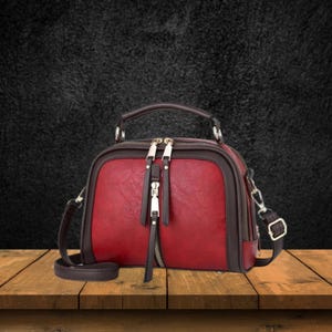 May include: A red and brown handbag with a top handle and a detachable shoulder strap. The bag has a rounded shape with a textured red center panel and brown trim. It features gold-colored zippers and hardware.