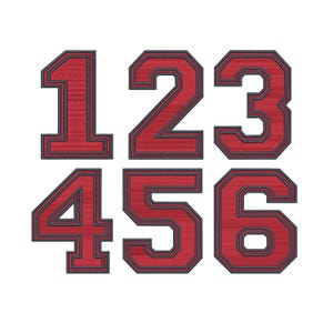 May include: Six red numbers, 1 to 6, with a textured effect and a dark grey outline. The numbers are in a bold, blocky font, ideal for sports kits or other garments.