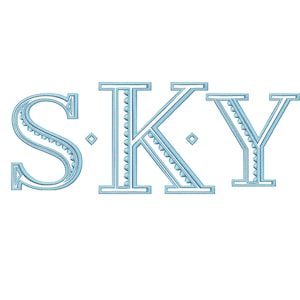 May include: The word "SKY" in light blue, embroidered with a decorative font. The letters are outlined in white, with a repeating triangle pattern along the inner edges. Small diamond shapes are placed between the letters.