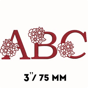 May include: Red embroidered letters A, B, and C, each adorned with a floral design. The letters are 3 inches tall, with the measurement also displayed in millimeters.