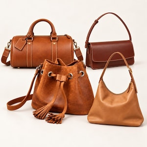 Könnte beinhalten: Eine Kollektion aus vier Ledertaschen in verschiedenen Brauntönen. Das Set umfasst eine strukturierte Zylindertasche, eine rechteckige Umhängetasche mit Klappe, einen Beutel mit Kordelzug und Quasten sowie eine glatte Schultertasche im Hobo-Stil.