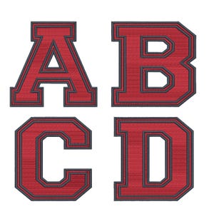 May include: Four embroidered letters: A, B, C, and D. Each letter is red with a dark gray outline, in a collegiate or varsity style. The letters are displayed against a white background.